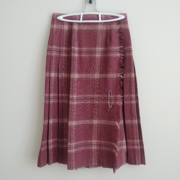 Vintage made in Canada wool blend pleated plaid midi skirt pink approx Small - Picture 1 of 16